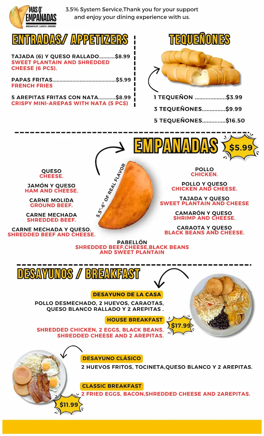 Menú Mas Q Empanadas - Empanadas venezolanas, cachapas, tequeños y desayunos criollos en Kissimmee y Davenport FL