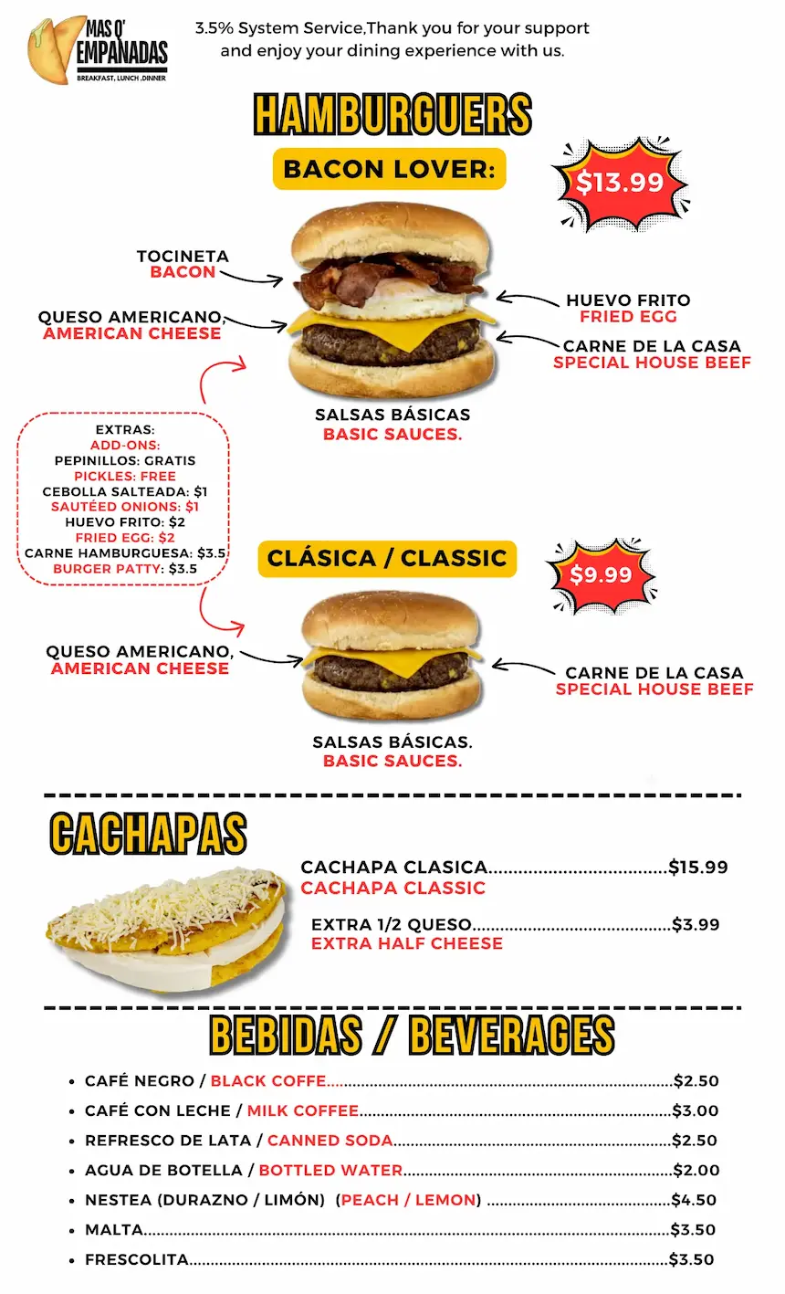 Menú Mas Q Empanadas - Hamburguesas venezolanas, cachapas y bebidas - Restaurante venezolano cerca de mi en Florida